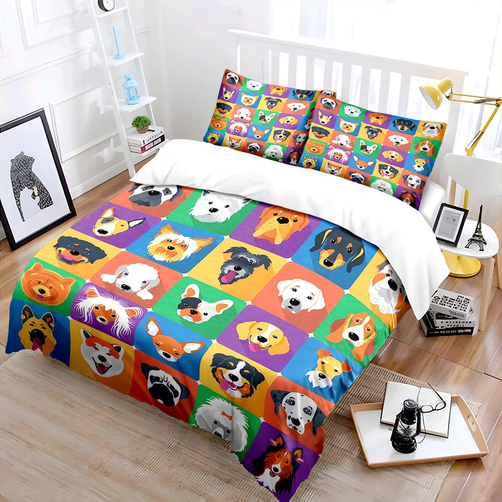 3pcs Various cartoon dog faces Print Bedding Set 1 Duvet Cover 2 Pillowcases for Adult and Children Luxury Gift Full Size