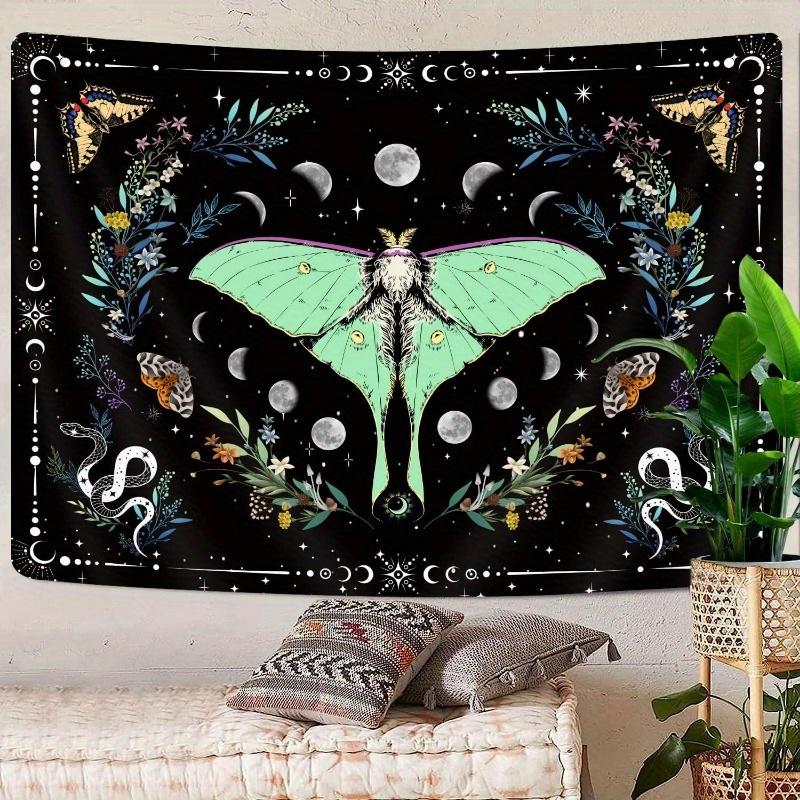 1pc Moon Moth with Phases and Floral Tapestry Mystical Night Sky Wall Hanging Decor for Bohemian Home Mystical Bohemian Decor