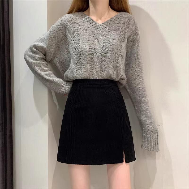 Women's High Waist Corduroy A-line Slit Bodycon Midi Skirt for Autumn/Winter