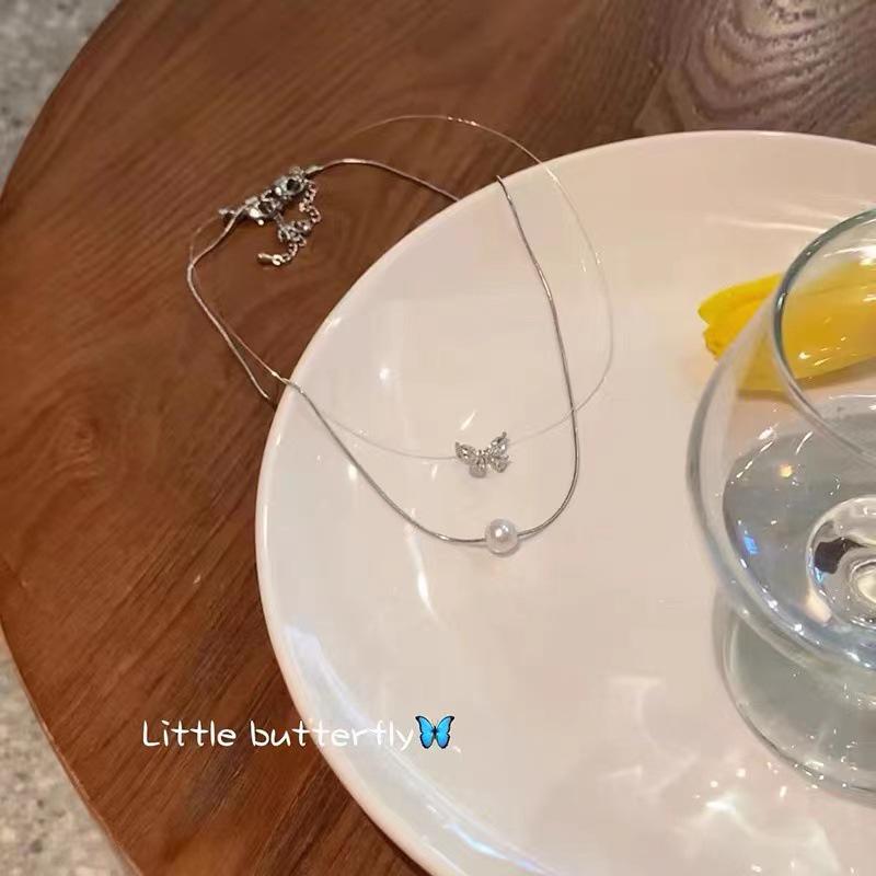 Pearl Zircon Butterfly Necklace Set: Elegant Korean Clavicle Chain with Super Fairy Design for Women