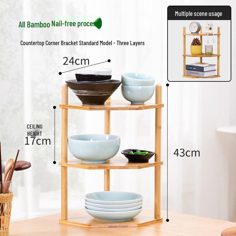 Bambusová kuchyňská rohová police: Multifunkční trojúhelníkový stojan na koření pro uložení na pracovní desku a na stůl.