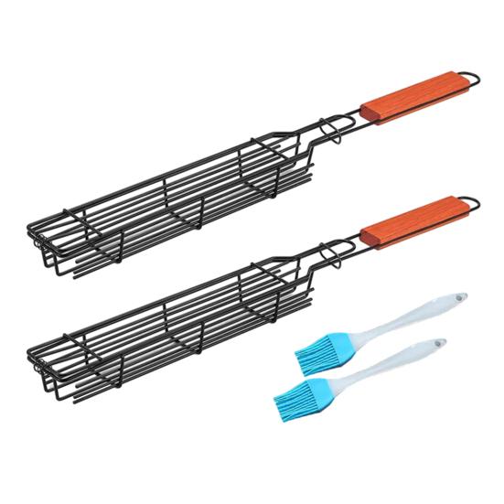Yousheng 2Pcs BBQ Rack with Brushes Ergonomic Wooden Handle Spacious Design High Temperature Resistant Grill Basket Barbecue Tool Set