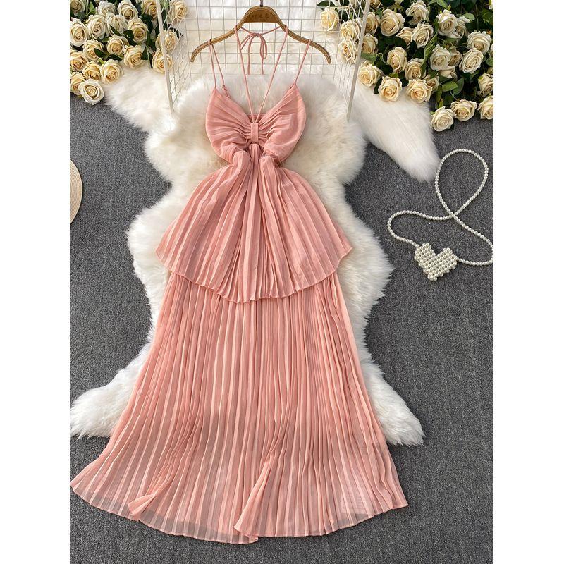Vacation Sexy Hollow-out Bow V-neck Hanging Neck Sling Dress Women Summer Waist Hugging Slimming Pleated Cake Skirt