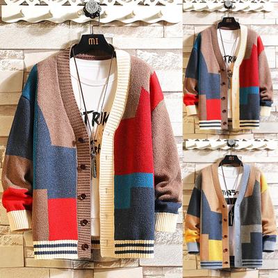 Autumn Style New Men's Contrast Color Sweater Cardigan Splicing V-Neck Sweater Large Jacket