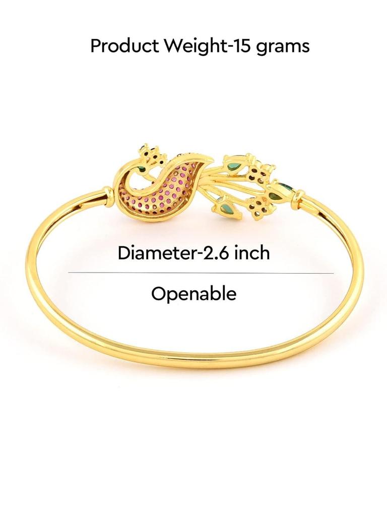 Pink & Green Cubic Zirconia Peacock Inspired Bangle Style Brass Kada For Women