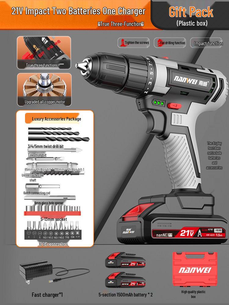 Nanwei Cordless Brushless Impact Hand Drill with Lithium Battery