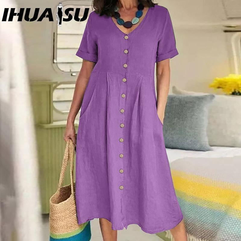 

IHUASU Женское летнее повседневное хлопковое платье с V-образным вырезом, коротким рукавом и пуговицами XXXXXL фиолетовый