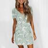 Women's Fashion Casual V-Neck Short Sleeve Drawstring Sequin Printed Dresses