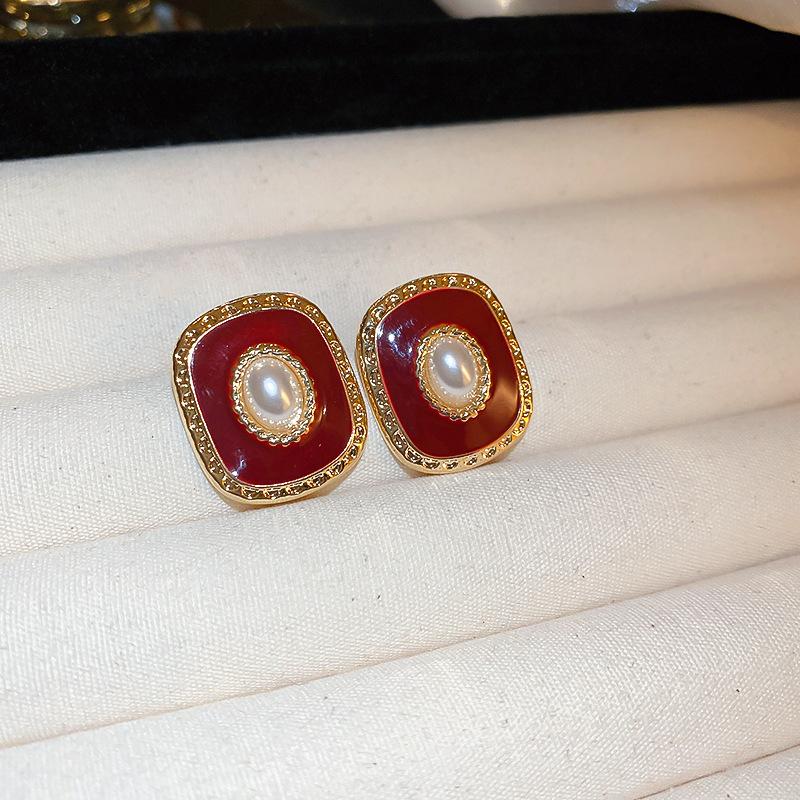 Square love red earrings literary and artistic fan temperament retro stud earrings New Year's earrings women