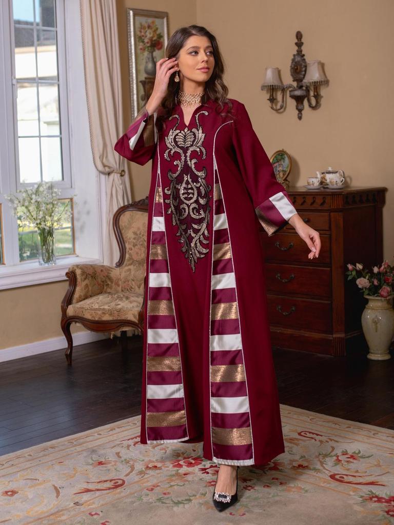 AB052 Women's Embroidered Striped Abaya - Middle East Arabic Muslim Robe