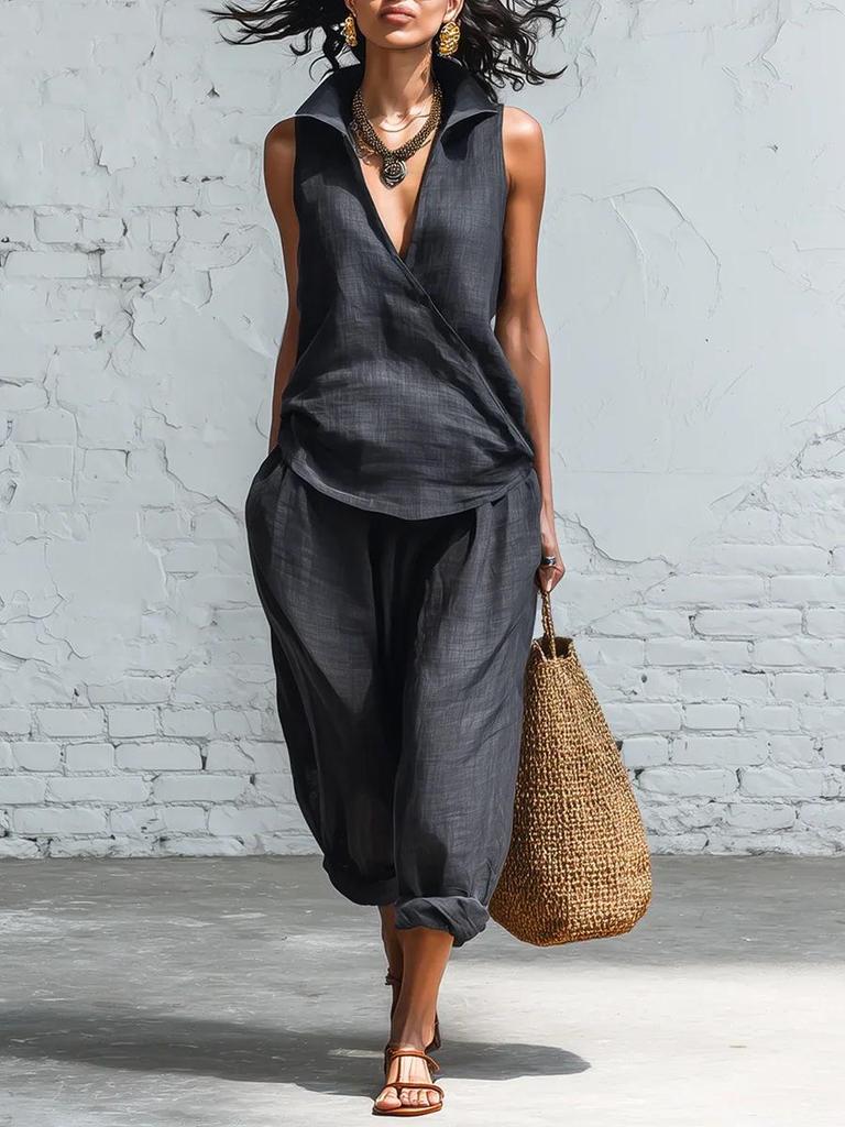 Spring/Summer Women's Lapel Shirt and Wide-Leg Pants Linen Set