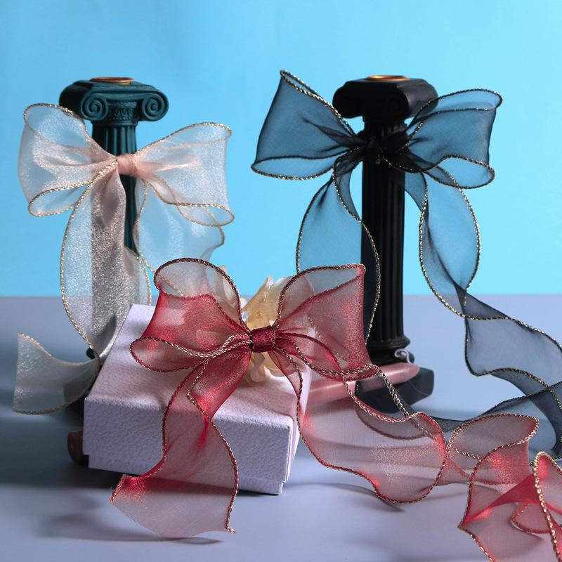 10yards Organza Ribbon Golden Wave Wired Ribbon Gift Bouquet Packaging,Handicrafts,Christmas Birthday Wedding Party Decoration
