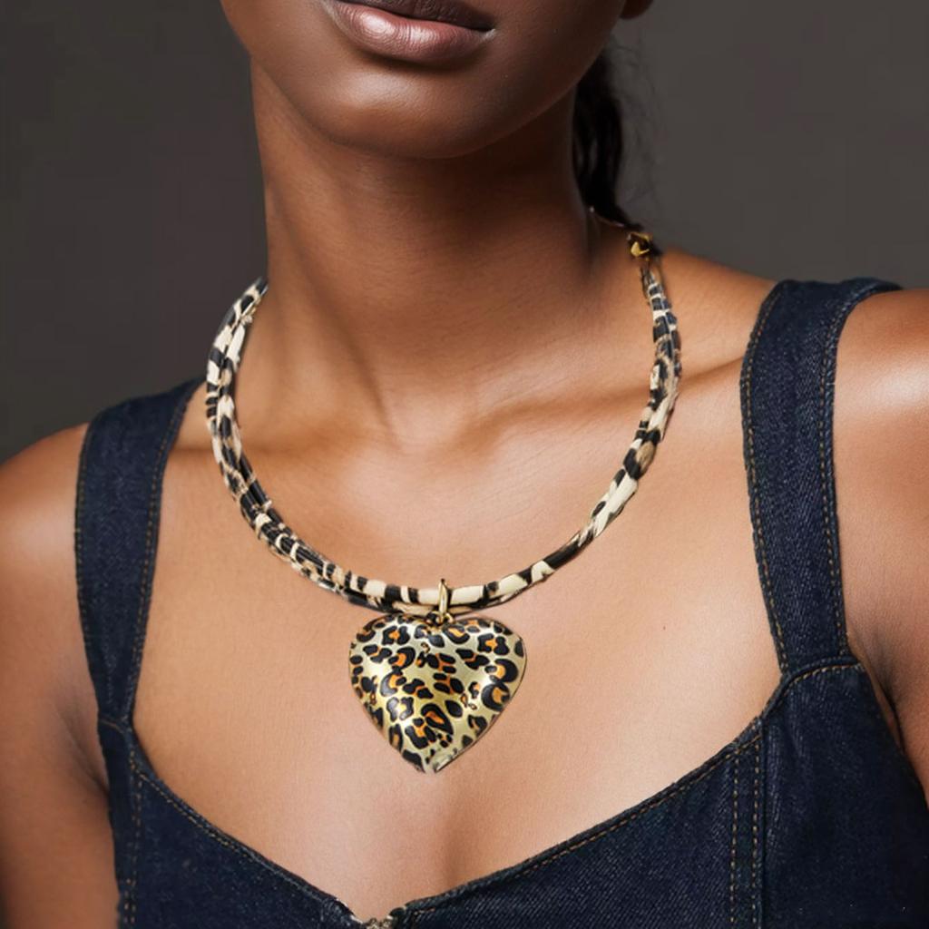 Trendy Double Layer Heart Pendant Necklace with Adjustable Leopard Print Cord Vintage Style Neckchain Jewelry for Women