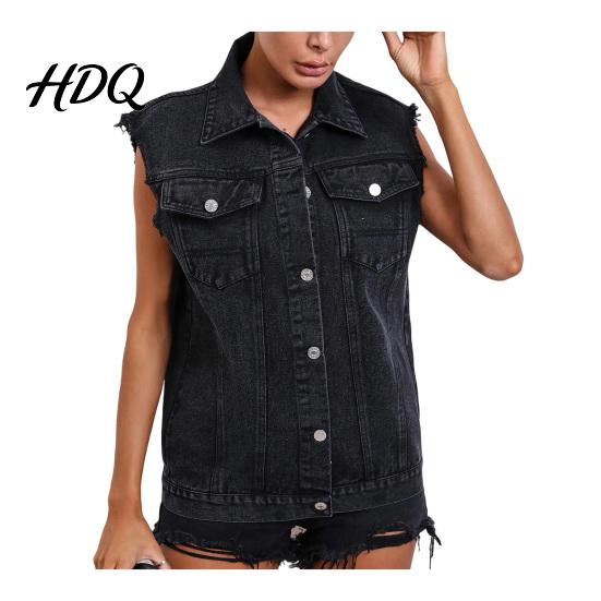 Sleeveless Lapel Vest Women Demin for Summer Button Down Casual Jean Jacket Frayed Waistcoat Top with Pockets XS