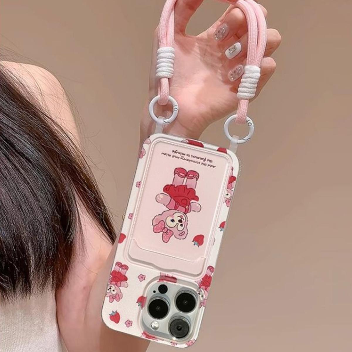 

Hanging Rope Card Bag Phone Case Red Skirt Bear for Apple 17PROMAX Couple Large Hole Simple Card Bag Phone Case For iPhone 17 Pro Max