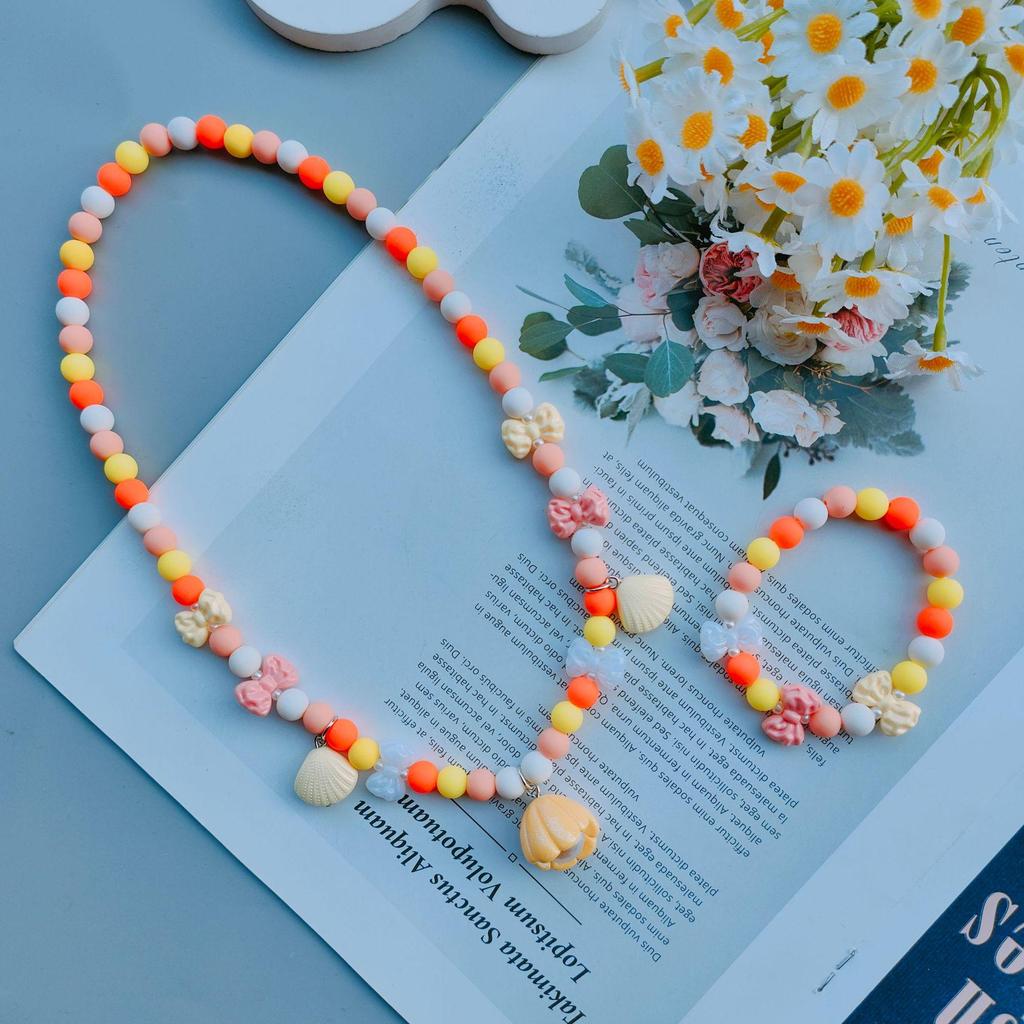 Cartoon Kids Candy Color Bead Bow Knot Necklace & Bracelet Set with Mother-of-Pearl Shell