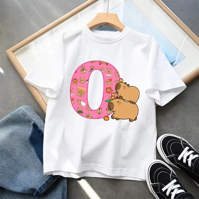 Cute Capibala Letter Printed Short Sleeved Pure Cotton Tshirt for Children Comfortable and Breathable Top Gift 2025