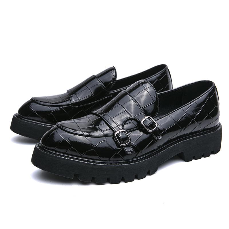 New large size double pin buckle loafers men's patent leather glossy thick heel loafers men's hairstylist casual leather shoes