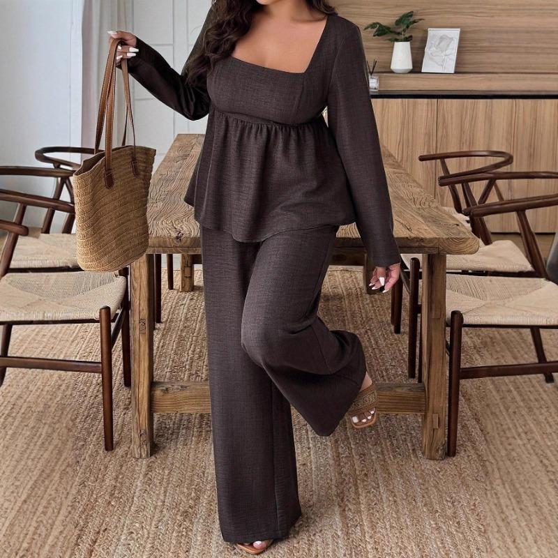 Square-neck Lotus Leaf Hem Long Pants, Plus-size Fashionable Long-sleeved Lotus Leaf Top, Wide-leg Long Pants Two-piece Set