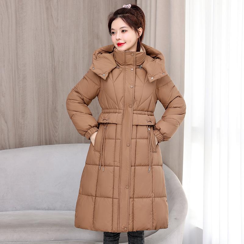2025 winter new waist medium and long knee cotton-padded clothes fashion thin cotton clothes hooded jacket tide
