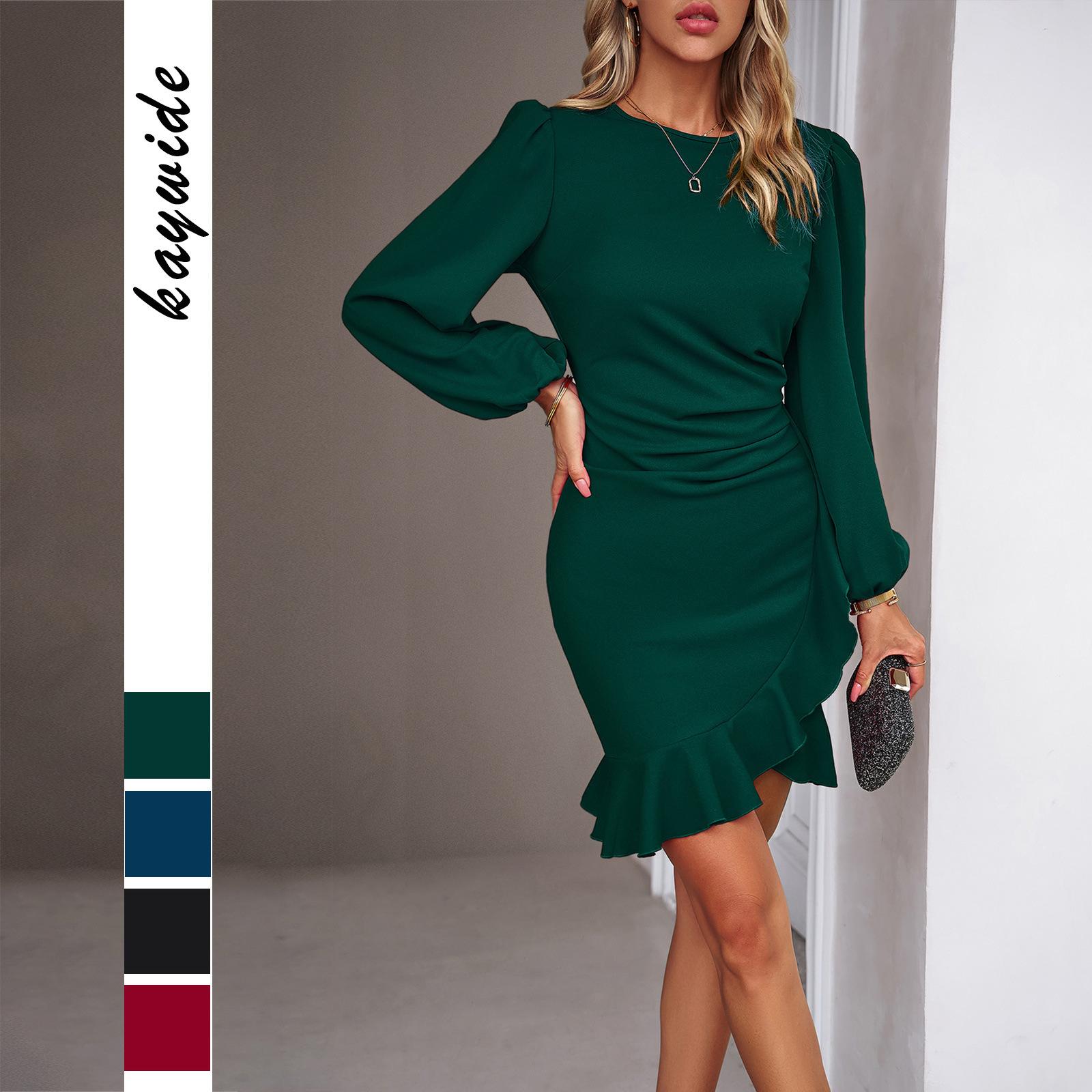 

Осень и зима Новая женская одежда Темперамент рукава-пузырь Чистый цвет платье S темно-зеленого