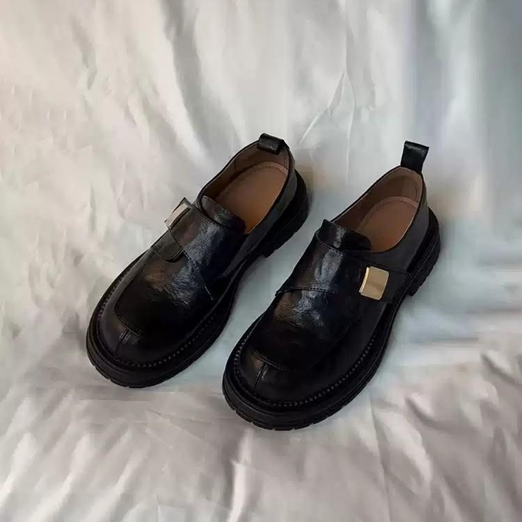 Sheepskin version~ thick-soled Velcro leather loafers women's British style thick heel deep mouth single shoes black jk small leather shoes