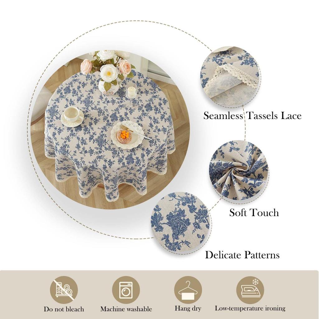 Pastoral Round Tablecloth, Vintage Cotton Linen Washable Table Cloth, Blue Flower Table Cover For Patio Table, Dining Room Decor