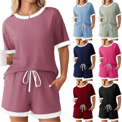 Women's Fashion Round Neck Short Sleeved Top Elastic Waist Shorts Color Blocked Pajamas Home Suit Set