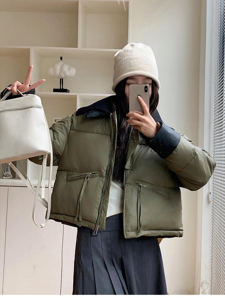 Knitted Lapel Short Down Jacket Women's Winter Thickened PU Leather Stitching Jacket