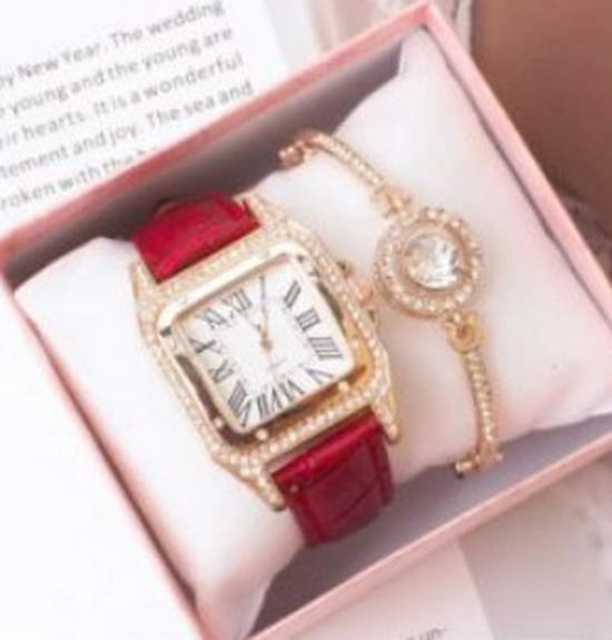 Women's Trendy Square Dial Quartz Watch with Leather Strap & Star Bangle