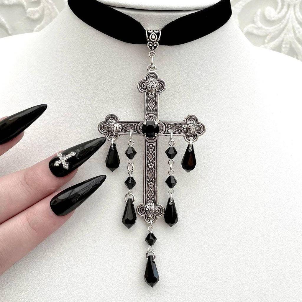 Gothic Vampire Silver Cross Choker Necklace