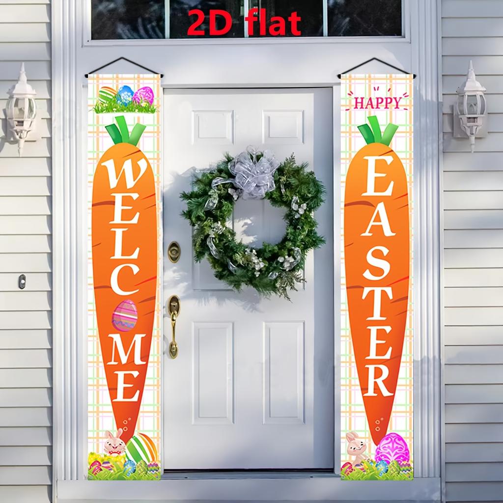 2D Flat, 2D Flat - 2D Flat, 2D Flat - 2D Flat Party Banner, a Pair of Fun Happy Easter Banners with Carrot Patterns for Porch Hanging Decorations, Per