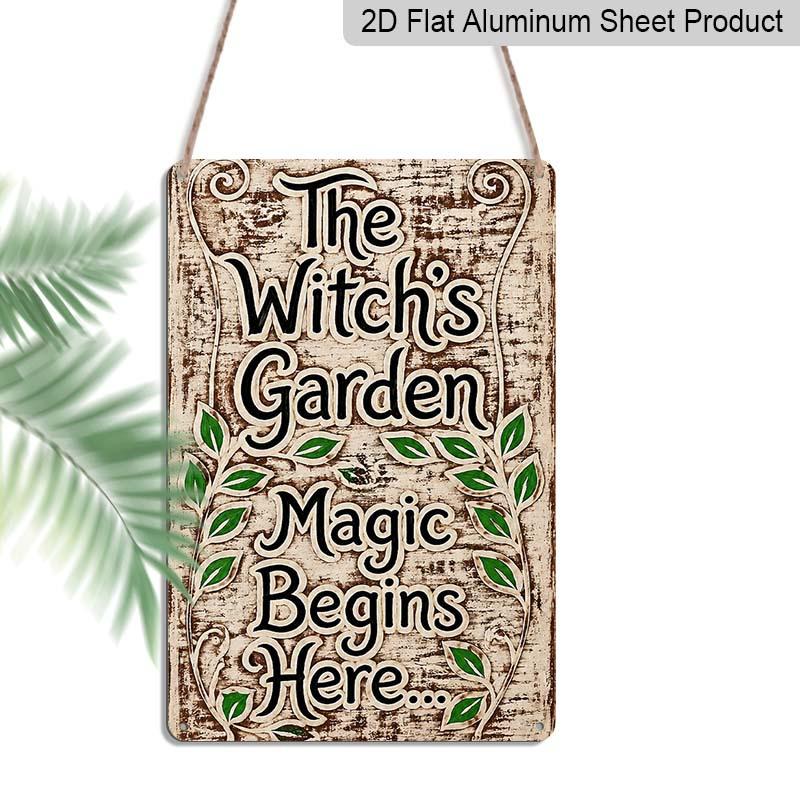 2D Flat The Witch s Garden Magic Begins Here Vintage Leaf Metal Sign - 8.0x12.0inch Aluminum Wall Art, Rustic Witchy Garden Front Porch Decor 20*30cm