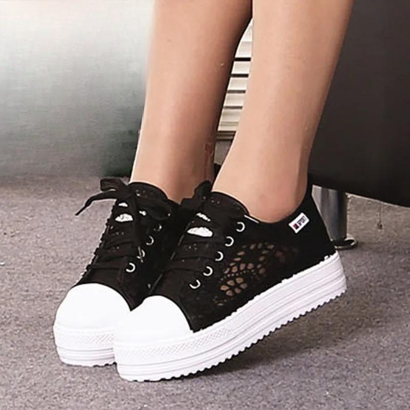 Women Shoes Fashion Summer Casual Shoes White Sneakers Cutouts Lace Canvas Hollow Breathable Platform Sneakers Tenis Feminino