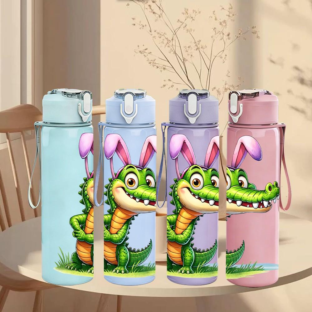 1PC Crocodile Dinosaur Funny Cartoon Art 750ml Color Plastic Sports Water Bottle Leakproof Flip Straw Lid Suitable for Sports Office Home Use