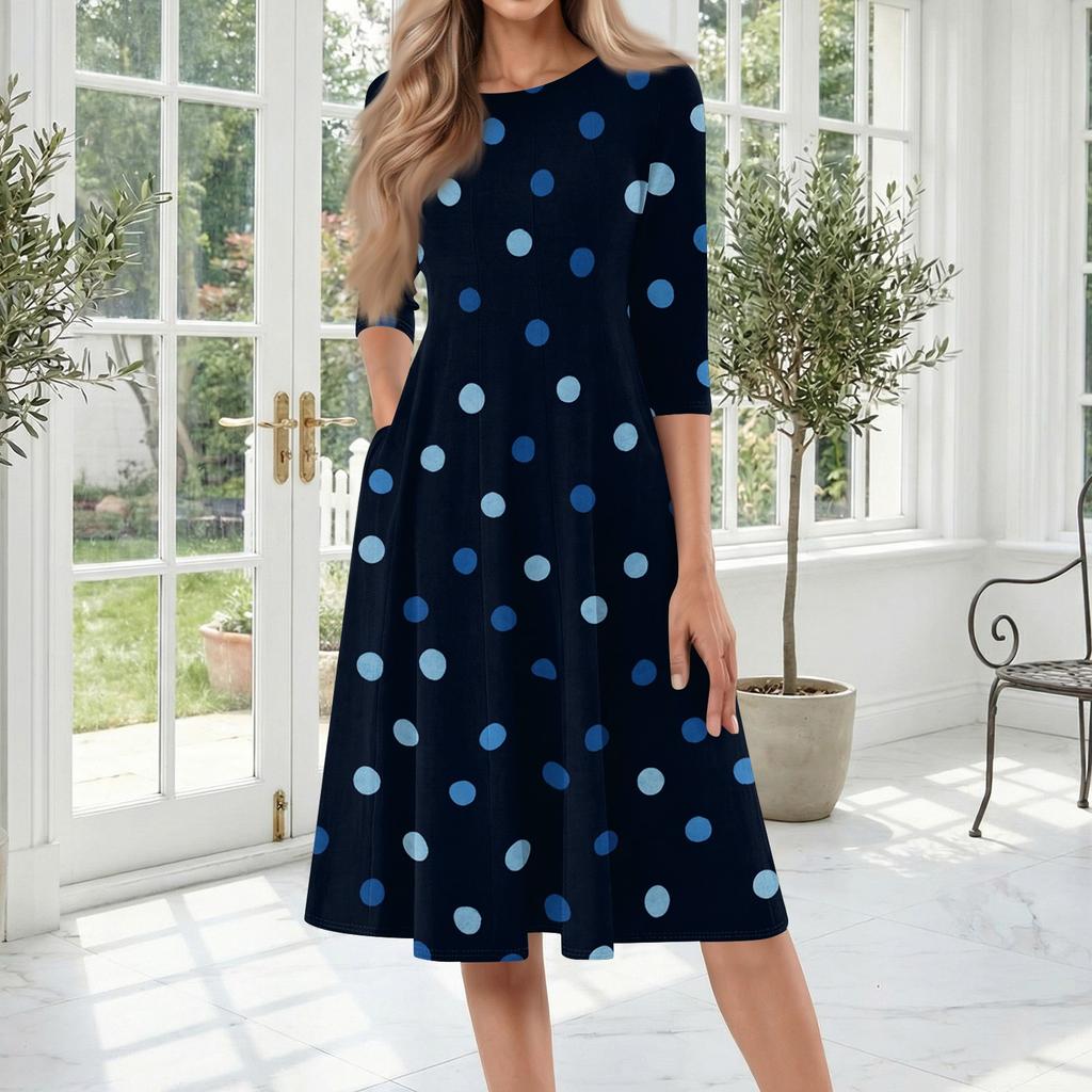 Women's Casual Fashion Round Neck Three Quarter Sleeve Polka Dot Printed Mid Length Dress Comfortable Loose Fit Everyday Wear