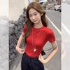 Super good-looking round neck front shoulder short-sleeved T-shirt for women's summer hollowed-out halter lace-up slim sweet Spice Girl small top