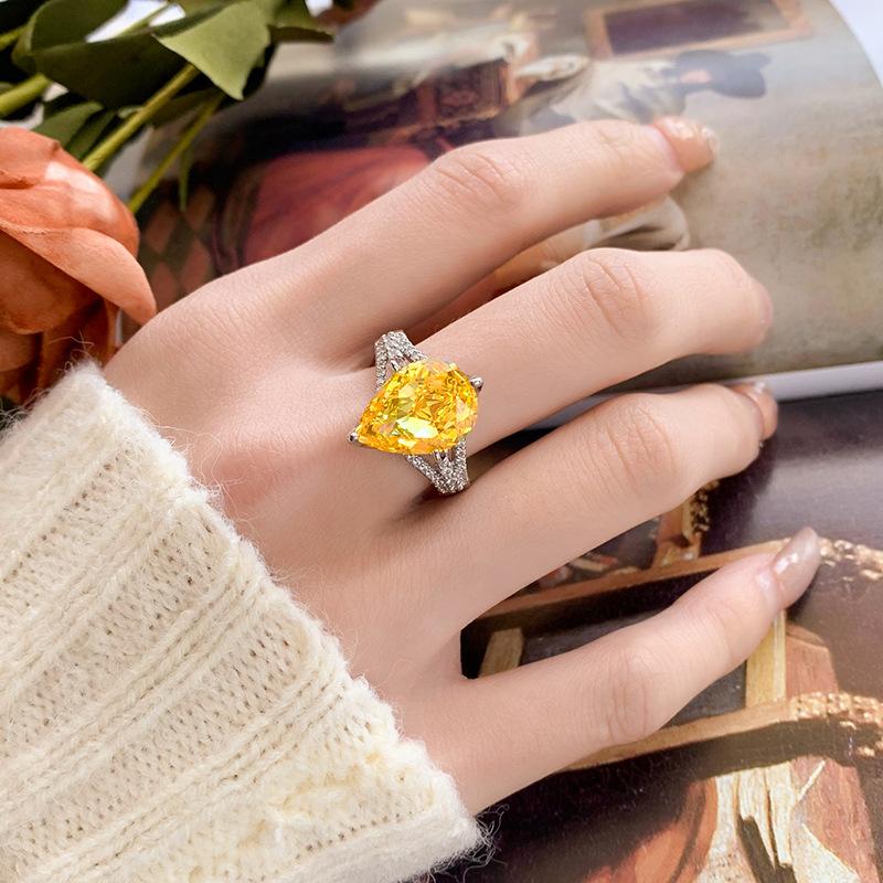 Jewelry Copper Bottom Gold-Plated High Carbon Diamond Ice Flower Cut Water Drop Copper Inlaid Temperament Simple Ring Women 10 * 14