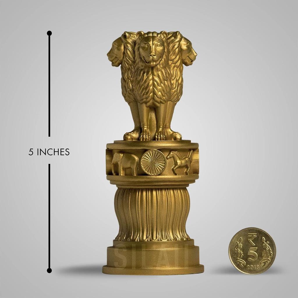 Ashoka Pillar Sculpture - 5 Inch, Gold Finish - Handmade Indian Heritage Art