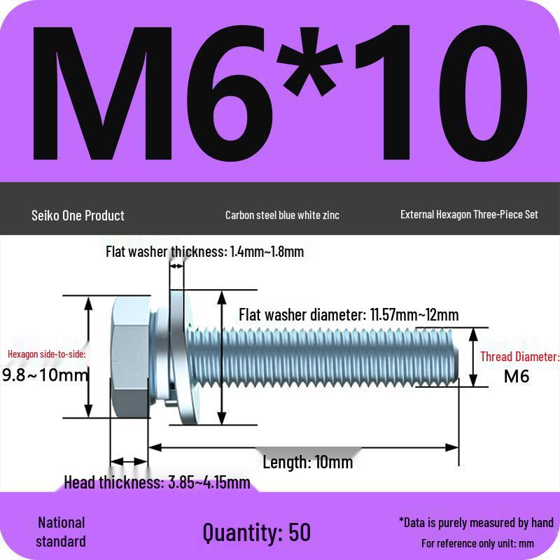 Grade 8.8 Galvanized Hex Bolt Set: Includes Hex Bolt, Spring Washer, Flat Washer (Sizes: M4, M5, M6, M8, M10, M12)