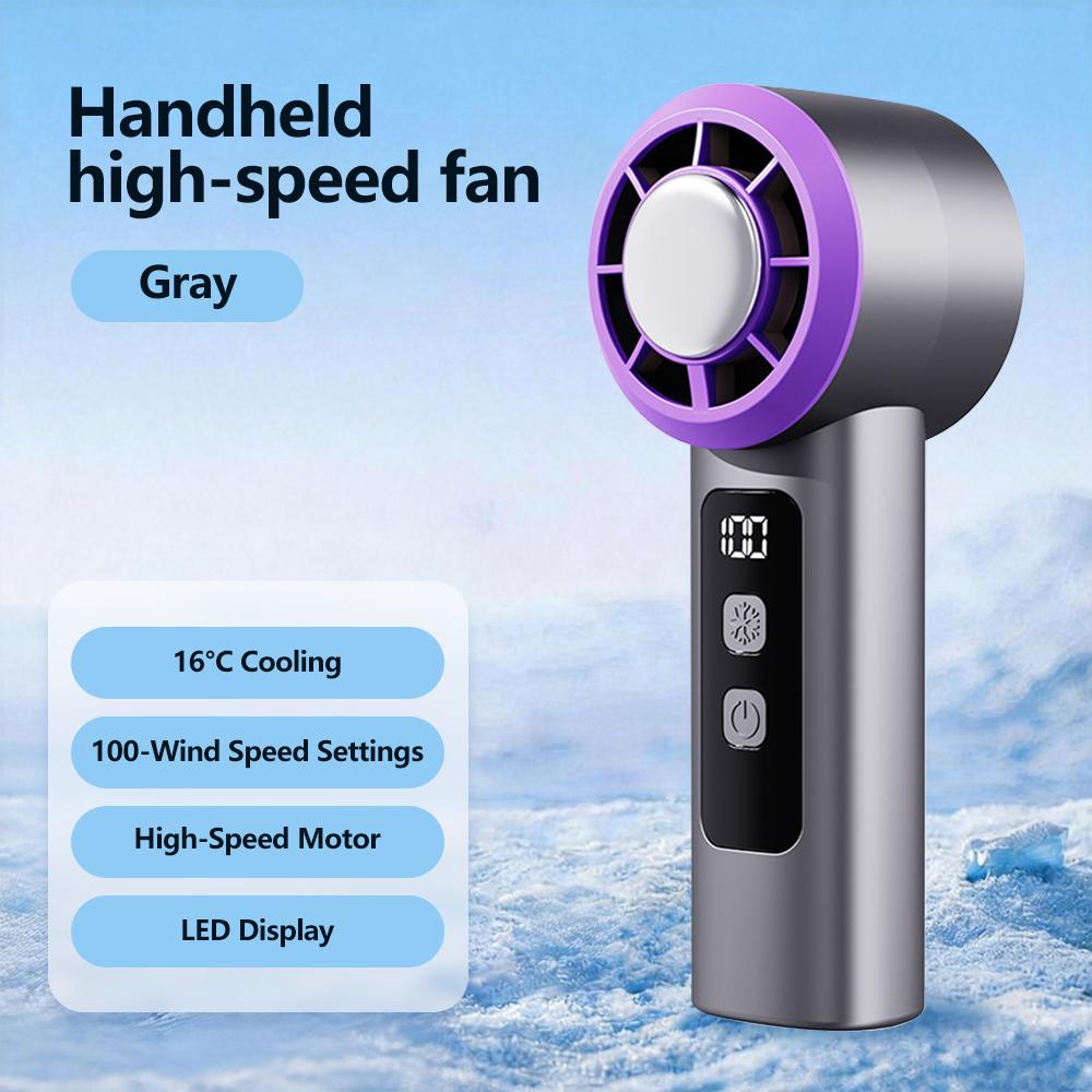 Handheld Mini High-Speed Turbine Fan with Ice Compres 100-Speed Wind Stepless Speed Adjustment LED Display Portable Cooling Fan