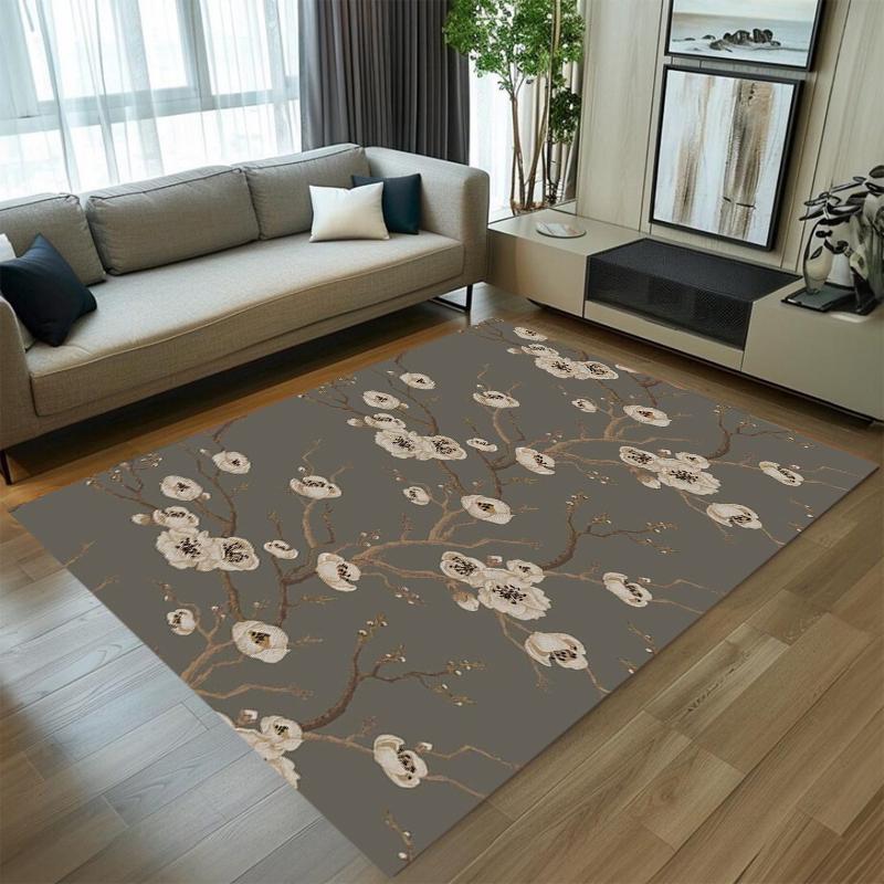 Minimalist Plum Blossom Rug Grey Base Non-slip Washable Elegant Floor Mat for Living Room Bedroom Decor
