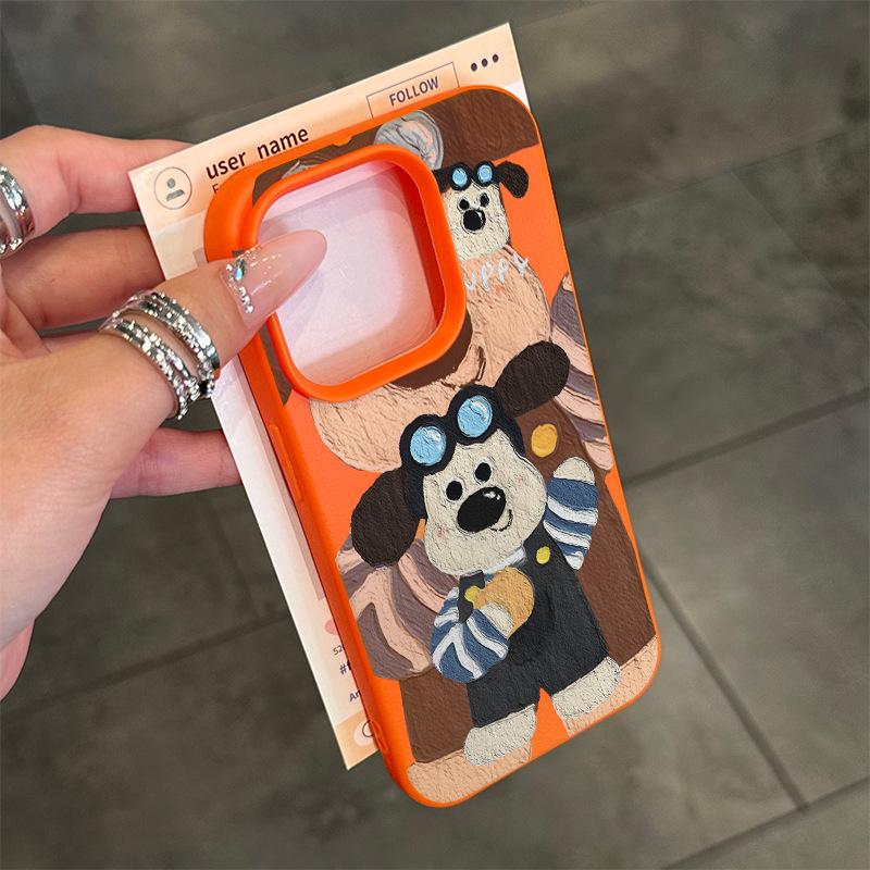 Oil Painting Cute Boss Dog for IPhone16/15p Lychee Pattern 14 for Apple 13 Mobile Phone Case 12 Sets