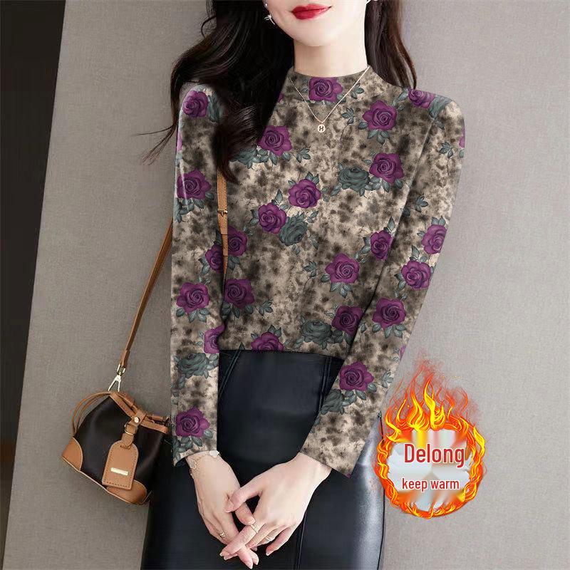 

Women s Retro Print Ribbed Fleece Base Layer Top - Semi-High Neck, Long Sleeve, Ideal for Autumn/Winter, Middle-Aged and Elderly M (Recommended up to 90 kg)