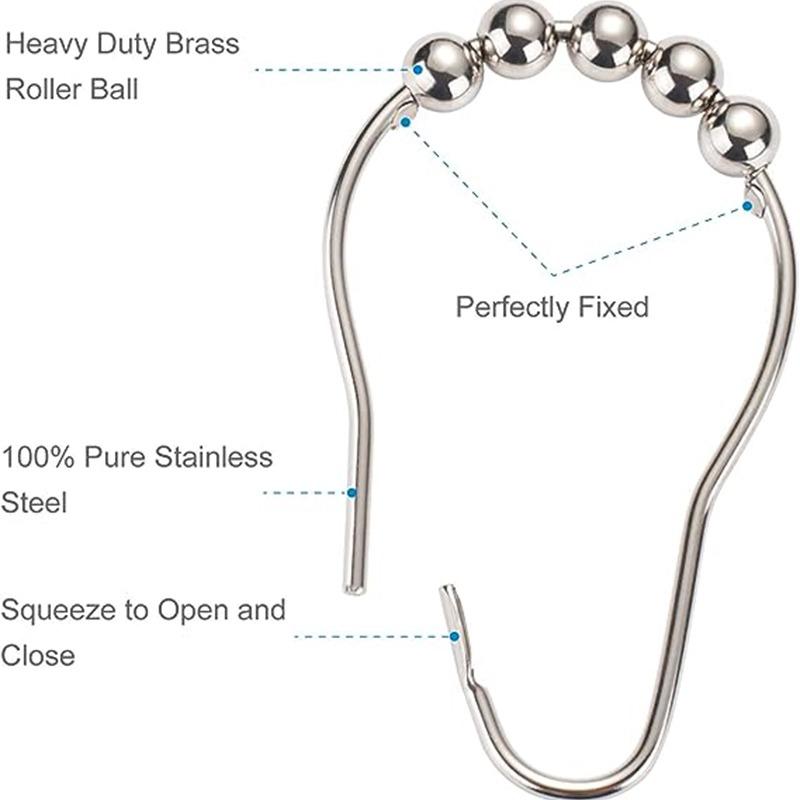 12pcs Durable Stainless Steel Shower Curtain Hooks with Rust Prevention and Five Rolling Beads