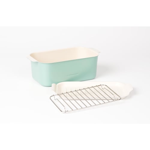 Rectangular Tempura Pan, Square, Induction & Gas Compatible, Iron, with Pan and Rake, Safe for Deep Frying, Square Tempura Pan (Green), Interior Dimen