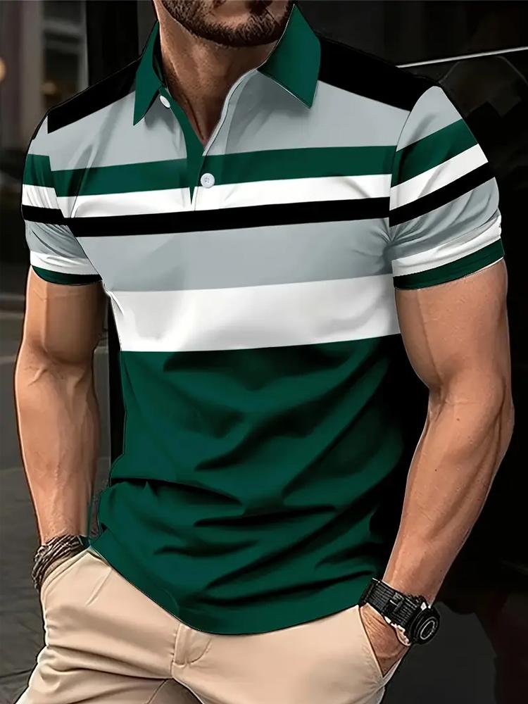 Men'S Casual Striped 3D Print Golf Shirt