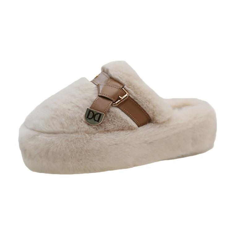 Internet celebrity baotou half slippers women's outer wear 2025 spring and autumn new heightened thick-soled fluffy shoes home warm cotton mop