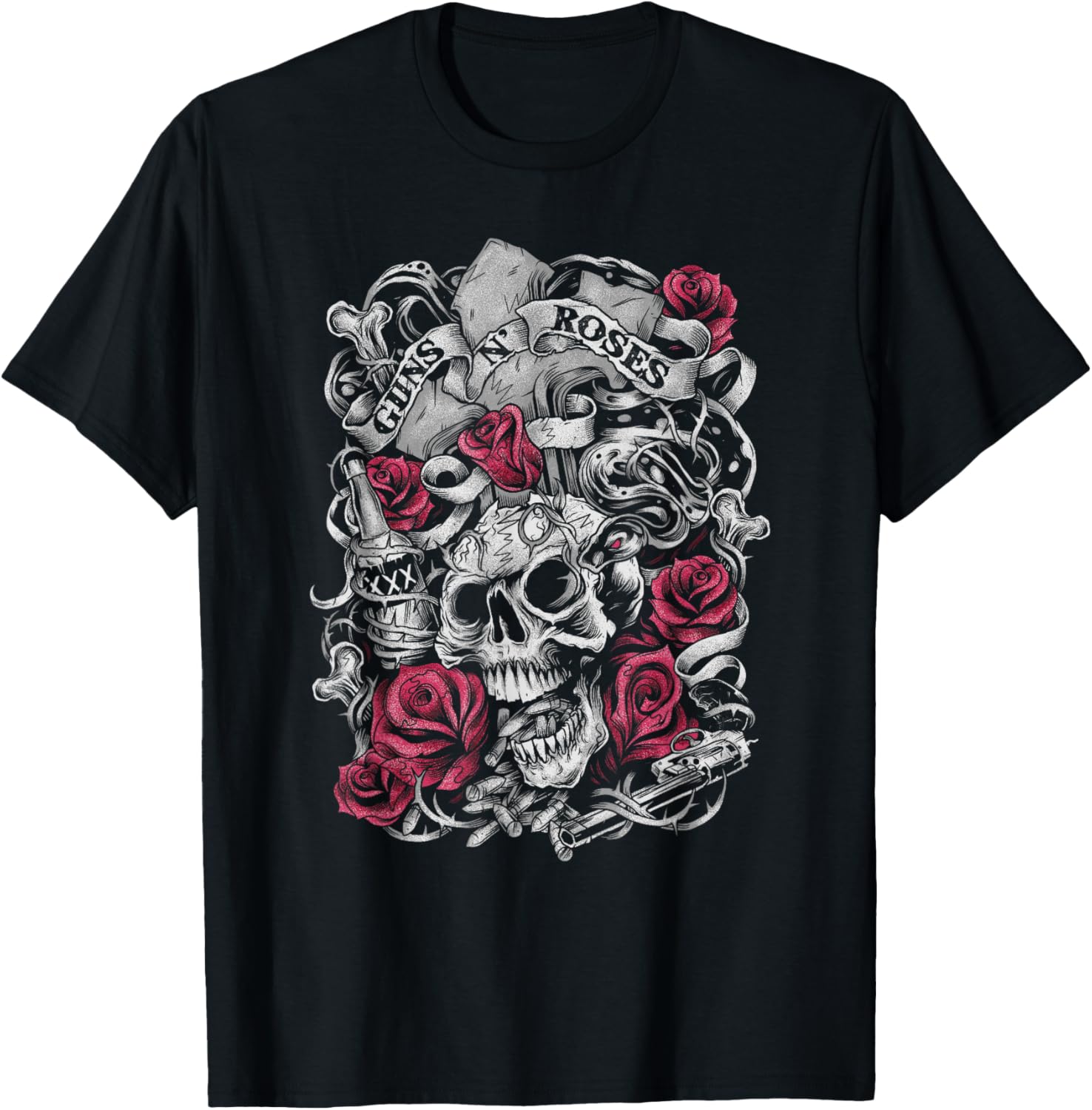 Guns N  Roses Official Flourish Skull Pink Roses T-Shirt T-Shirt S