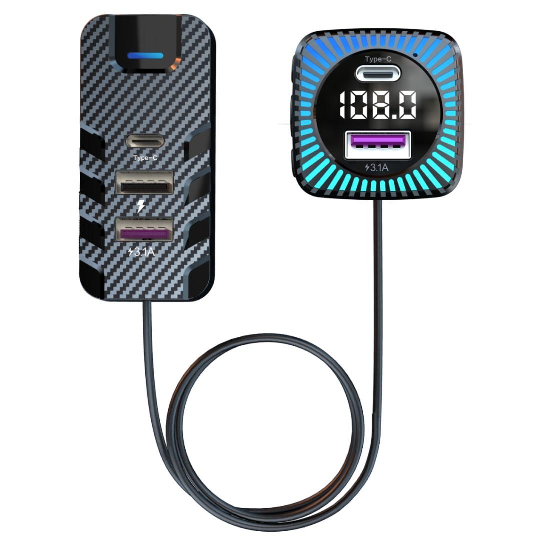 

CS11 Багатопортовий подовжувач автомобільного зарядного пристрою для заднього сидіння Супершвидкий автомобільний зарядний пристрій Підтримка відтворення MP3 через Bluetooth, FM-трансмітер